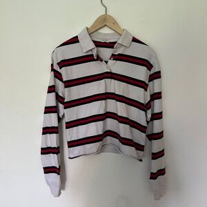 John Galt Striped Long Sleeve Polo Shirt White Navy Red Cropped Small